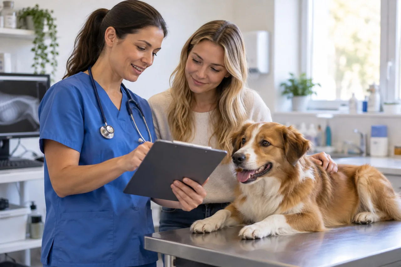 Veterinary professional discussing a tablet with a dog owner